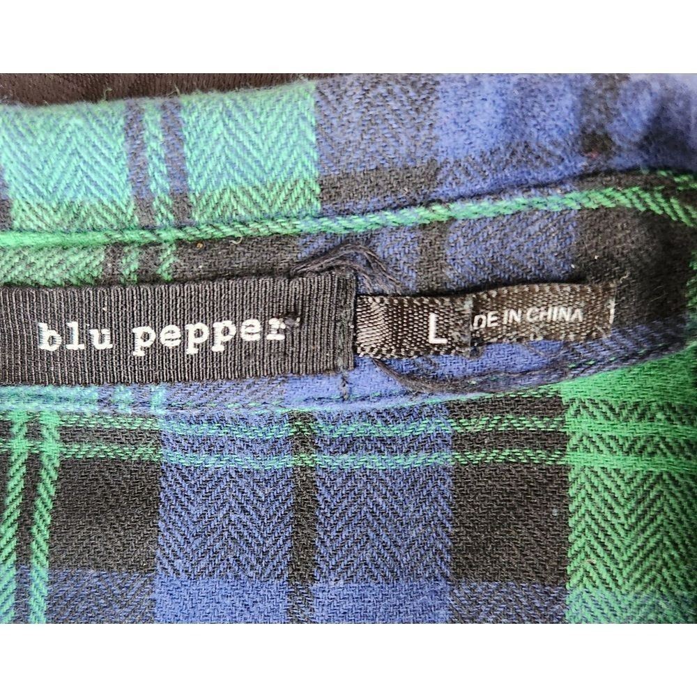 Blu Pepper Womens Boho Flannel‎ Shacket Size M/L Jacket Blue Plaid Fringe Hem - Picture 5 of 8